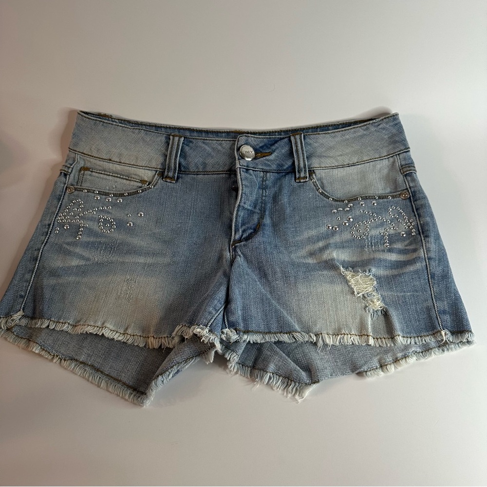 ONLY Distressed Denim Shorts Studded Rhinestone Frayed Hem Blue Jean 28